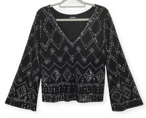 Express Blouse Top Women's Medium M Black Semi-Sheer Silver Metallic Sequins - Picture 1 of 17