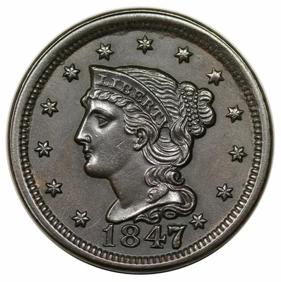 1847/47 Cabelo trançado centavo grande, grande/pequeno 47, N-2, R3 - Imagem 1 de 2