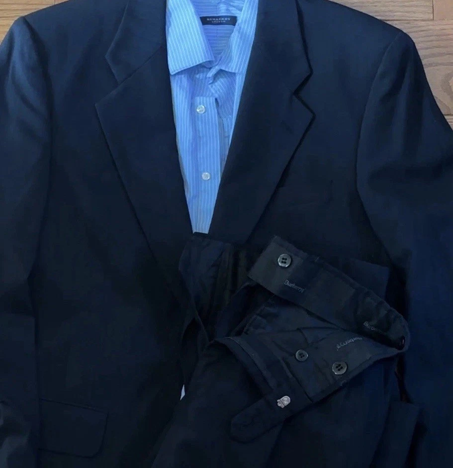 Винтажный мужчин Burberry темно-синий в тонкую полоску костюм Blazer куртка рубашка брюки 100% чистой шерсти - Изображение 1 из 4