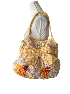 Yellow Floral Patchwork Shoulder Bag With Gingham Bow By Chateau Vintage READ - Picture 1 of 12