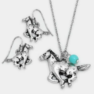 Pierced silver chain horse necklace and earring set w/turquoise bead - Picture 1 of 1