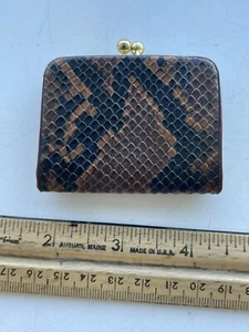Vintage Japan Kisslock Coin Purse Brn/Blk Leather Square Animal Skin Print - Picture 1 of 3