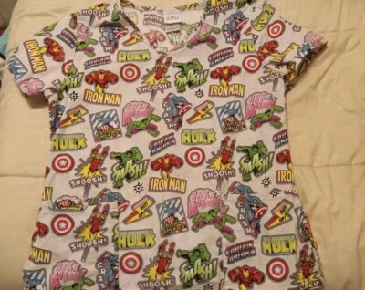 Marvel Avengers Comic Style Womens Medium Nursing Medical Scrubs Uniform Top - Image 1 of 3