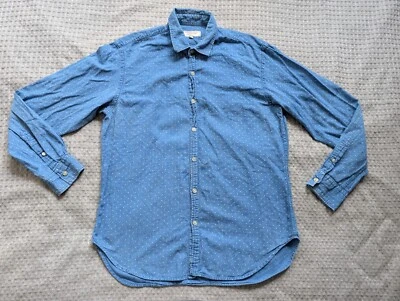 What Goes Around Comes Around Shirt Men Large Blue Chambray Polka Dot Button Up - Image 1 of 4