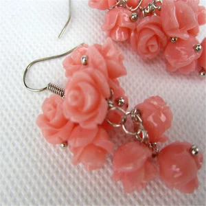 Fashion Pink Roses Real Coral Earring Tibet silver Ear DIY Handmade Popular - Picture 1 of 3