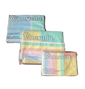 DOUBLE FLAT FITTED & PILLOWCASES NEW Wamsutta Rainbow Pastel Stripe Spectrum Vtg - Picture 1 of 5