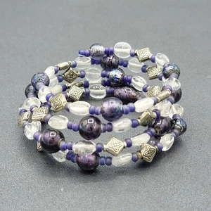 Memory Wire Bracelet Purple Silver tone Clear Glass Beads - Picture 1 of 6