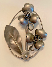 Good Antique Sterling Silver Floral Brooch 2 1/4" tall 9.2 grams