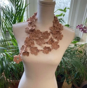 Crochet fancy flowered powder colors necklace/Mother's Day handcrafted necklace - Picture 1 of 5