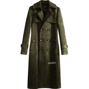 Retro Knee Length Trench Coat Mens Autumn Suede Jacket Double Breasted Coat - Picture 1 of 27