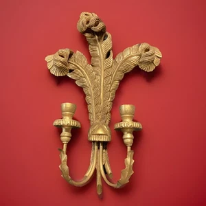 VTG Gold Tone Gilt Wood French style wall sconce plume 3 Ostrich feathers READ!! - Bild 1 von 11