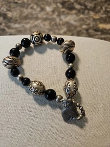 Vintage Cat Danforth Pewter Ovals Black Round Beaded Toggle Bracelet - Picture 1 of 9