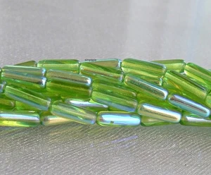 Czech Glass Tube Beads Green Olivine Aurora Borealis 14x4mm Jewelry Making 20 - Picture 1 of 3