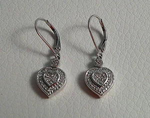 925 Sterlingsilber & Micro Pave Diamanten Herz Ohrhänger signiert Sa Indien - Bild 1 von 5