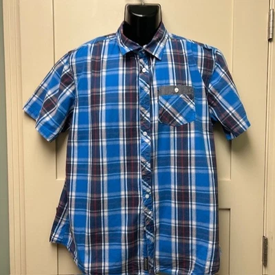 Ecko Unltd Button Up Mens Shirt 2XL XXL Blue Red Plaid Short Sleeve 50" chest - Image 1 of 4