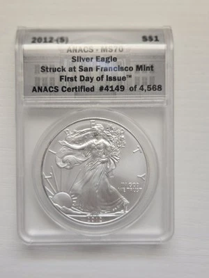 2012-S SILVER Eagle ANACS MS70 1st Day of Issue Struck @ SF Mint *Numbered Coin* - Image 1 of 2