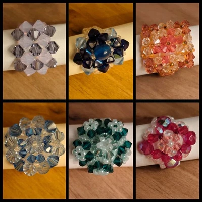 Set 6 Ringe Handgemacht Kristall Perlen Modeschmuck Unisex Vintage Bunt - Bild 1 von 4