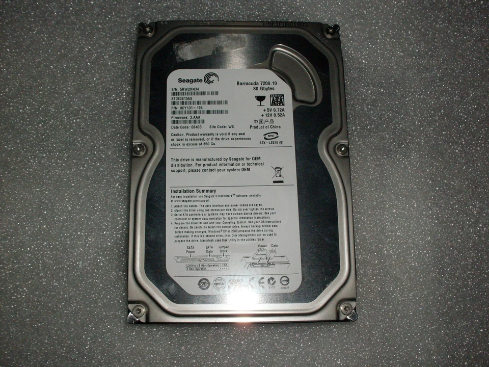 Hard disk Seagate Barracuda 7200.10 ST380815AS 80GB 7200RPM SATA 3Gbps 8MB Cache - Immagine 1 di 1