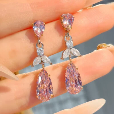 New Waterdrop High Carbon Pink Topaz Gemstone Women Girl Fashion Dangle Earring - Image 1 of 4