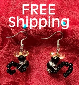 Black Beads with Clear Crystal Kitty/Kitten/Cat Dangle Earrings (Lose Tail) NEW - Picture 1 of 5