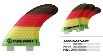 CULPRIT SURF Hexcore Honeycomb RTM FCS M3 Style Thruster Surfboard Fin - Rasta - C3