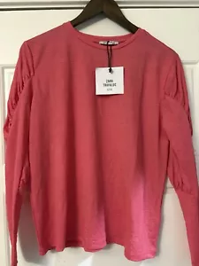 Neu mit Etikett Zara rosa lachs gerafftes Langarm entspannt süßes Shirt Top Bluse Small S - Bild 1 von 3