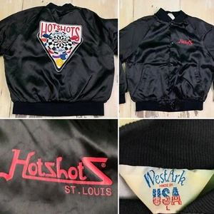 HOTSHOTS BAR - Vtg 1990s St Louis Black Satin Stadium Jacket, Mens LARGE - Picture 1 of 12