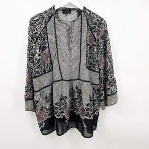 Lucky Brand Boho Hippie Floral Print Sheer Top Pullover Blouse Black Plus Sz 2X - Picture 1 of 6