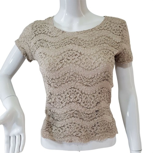 Top Celine Tesori XSmall 2 nylon pizzo maniche corte beige avorio foderato collo rotondo
