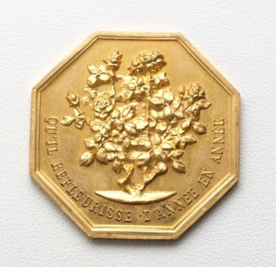 Antigua ficha francesa de bronce Well Wishes "Que florezca año tras año" Foto 1 de 2