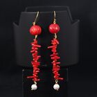 Genuine Coral Cultured & Pearl Summer Look Yellow Gold Wire Hook Earring Jewelry