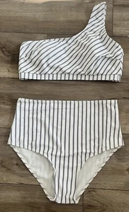 Swimsuit Verano Playa Size L Grey White striped Bikini High Waist NWOT - Picture 1 of 5
