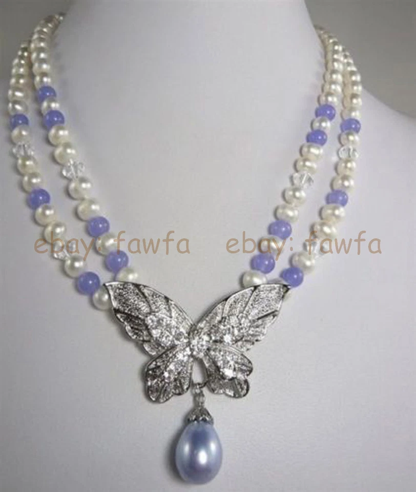 2 ряда 7-8 мм белый жемчуг и 8 мм фиолетовый нефрит бабочка подвеска ожерелье 17-18'' - Изображение 1 из 4