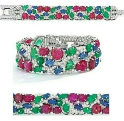 Pulseira de pedras preciosas Tutti Frutti prata esterlina 925 herança alta esculpida - Imagem 1 de 4