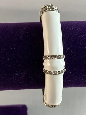 HEIDI DAUS Crystal & Enamel Gold Accent Hinged Bangle Bracelet ~ White ~ Large - Image 1 of 4