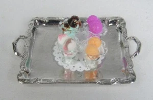 Dollhouse Miniature Hand Crafted Silver Tray & Crystal Ice Cream Desserts - Picture 1 of 3