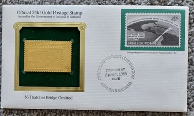Sealed First Day Cover $6 Thatcher Bridge Antigua & Barbuda 24kt Gold 1986 - Image 1 of 4