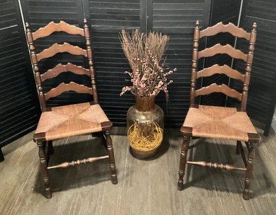Pair of Ladder Back Dining Chairs Solid Maple with Rush Seats Vintage Farmhouse - Image 1 of 4