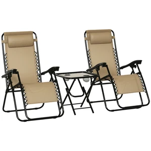 Outsunny 3PC Zero Gravity Chairs Sun Lounger Table Set w/ Cup Holders, Beige - Picture 1 of 11