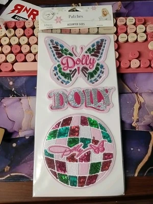Set of 3 Dolly Parton Fabric Patches Butterfly Dolly Logo Disco Ball Sew Or Iron - Image 1 of 4