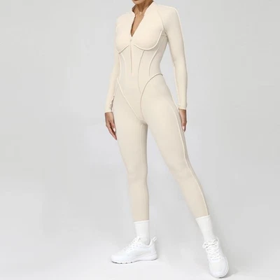 Mono de yoga con espalda abierta para mujer - Body de entrenamiento de gimnasio manga larga con media cremallera Foto 1 de 4