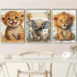 3pcs Rustic Jungle Animal Cheetah, Lion, Elephant Metal Print Ready to Hang Art - Picture 1 of 7