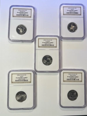5 Coin Set 2004-S State Quarter 25C Silver PF 69 Ultra Cameo NGC MI FL TX IA WI - Image 1 of 2