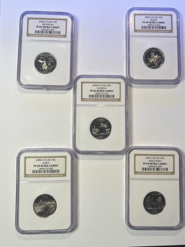 5 Coin Set 2004-S State Quarter 25C Silver PF 69 Ultra Cameo NGC MI FL TX IA WI - Image 1 of 2