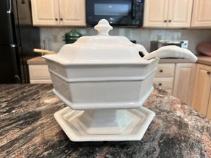 Vintage 4 Stück Haeger 8087 USA weiß Keramik Suppenterrine Deckel Schöpfkelle & Teller SCHÖN! - Bild 1 von 5