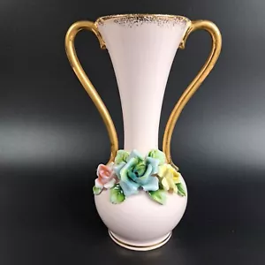 Vintage Pink Porcelain Bud Vase with Gold Trim Handles Flowers Japan 1950s - Imagen 1 de 17