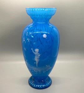 Vintage Hand Painted Mary Gregory Style Blue Glass 9" Vase Girl w/ Balloon - Picture 1 of 9