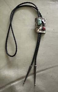 Bolo Tie Vintage Native American Sterling Silver Turquoise Coral