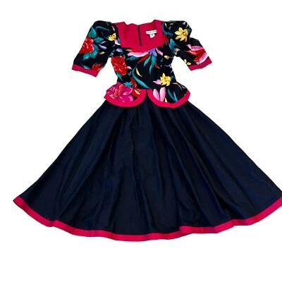 Leslie Lucks Vintage 80s Black Pink Floral Peplum Vintage Dress 6 - Image 1 of 4