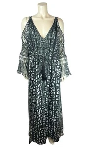 NEW Rococo Sand Silk Printed Maxi Dress Size M Open Shoulder Tassel Bell Sleeve - Picture 1 of 12